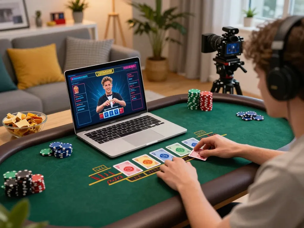 Player engaging in a thrilling live dealer blackjack game via llwin on a laptop in a cozy home setting.