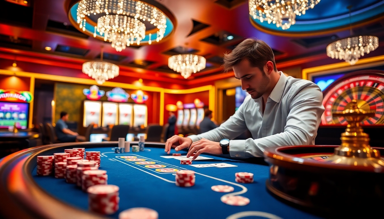 Experience the excitement of gambling at EE88 with vibrant casino scenes, high-stakes games, and luxury elements.