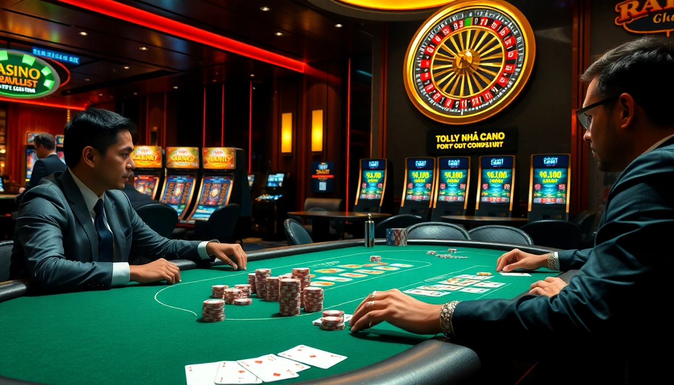 Tỷ lệ nhà cái displayed in a bustling casino scene with poker chips and professional players.