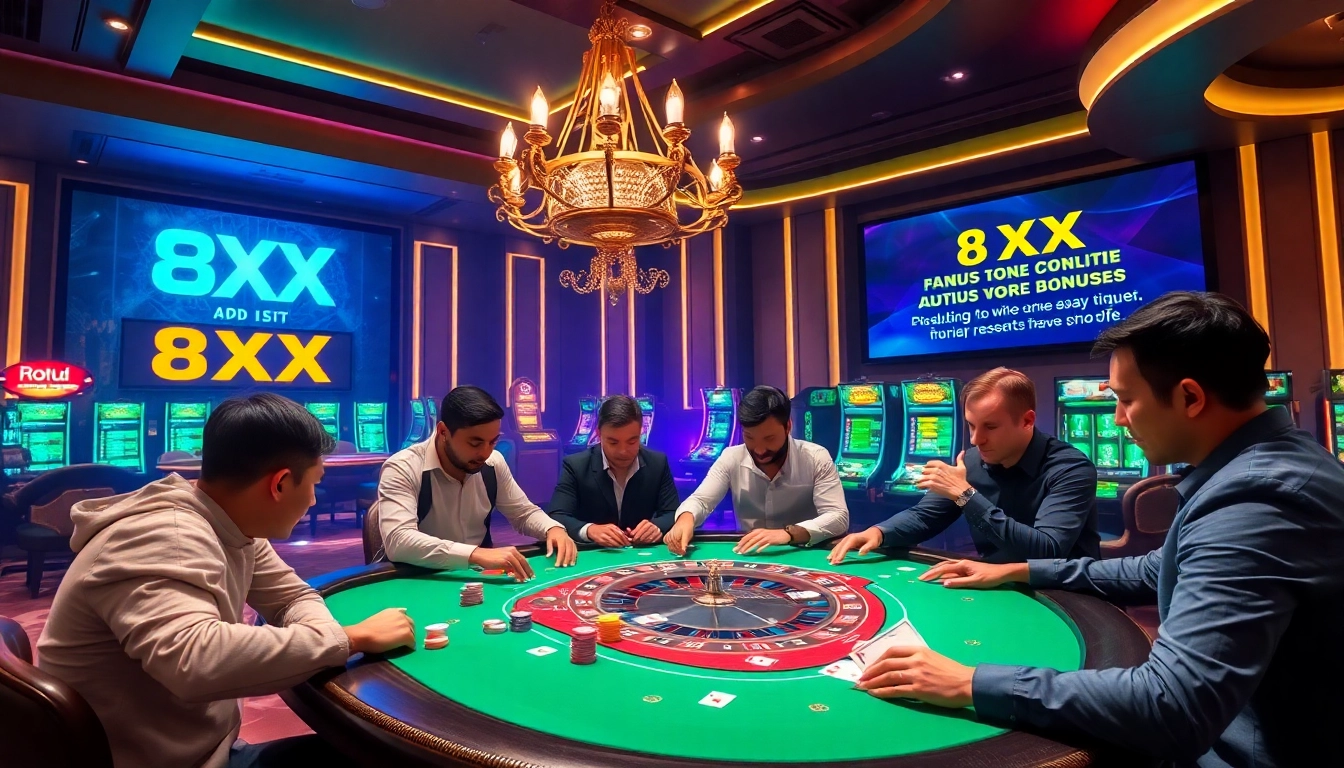 Exciting poker game in a luxury casino setting, featuring vibrant chips and cards, attracting 8XX players.