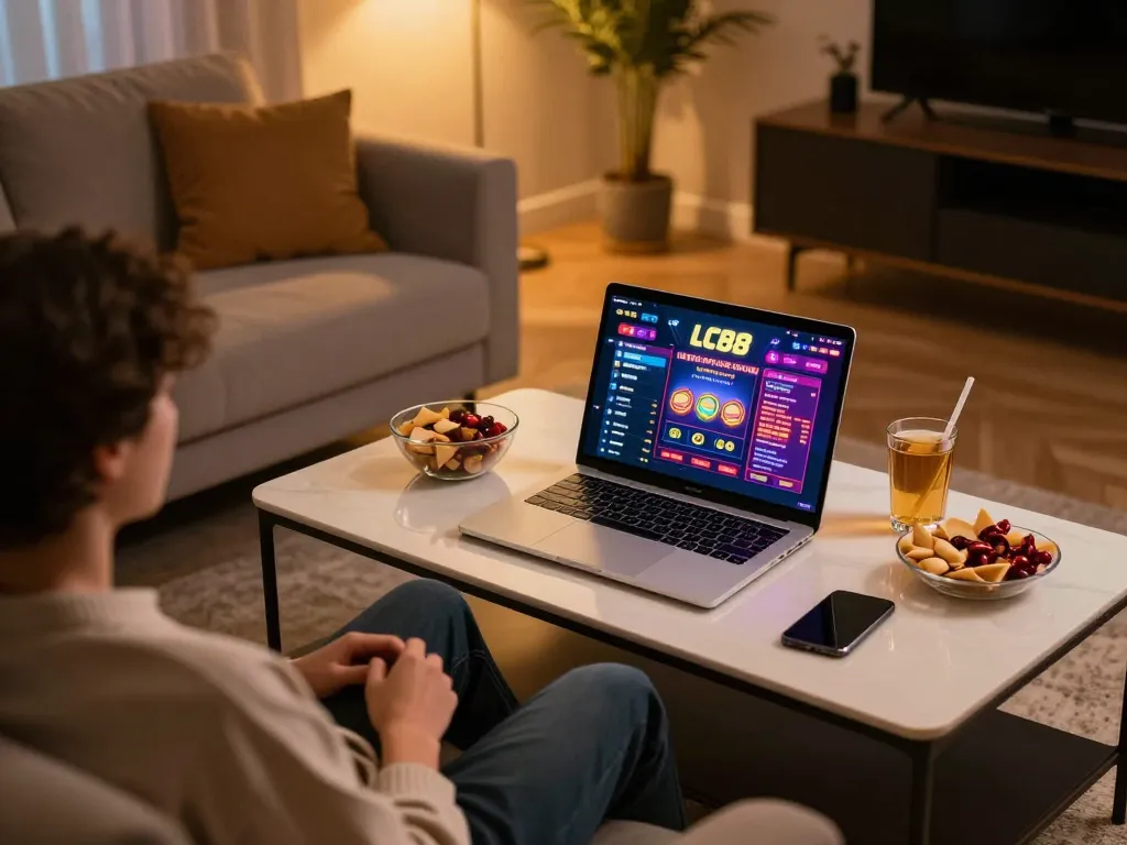 Engaged player using LC88 on a laptop, showcasing strategic online gaming setup.