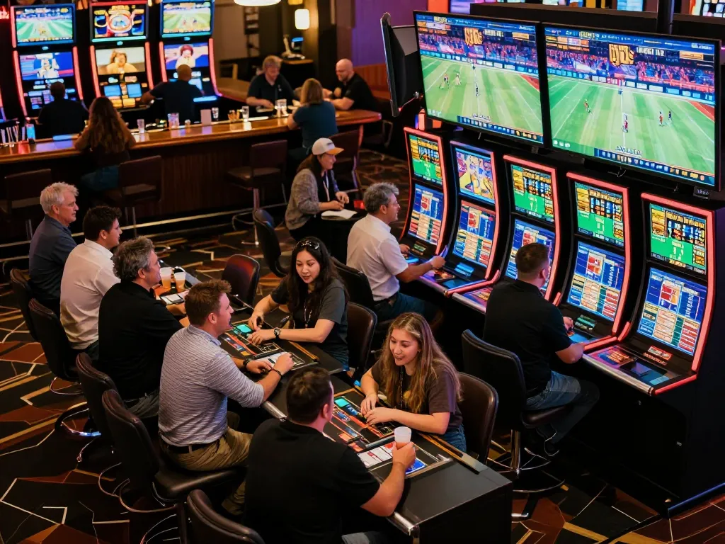 Engaging sports betting scene highlights kèo nhà cái with customers placing wagers in a lively casino atmosphere