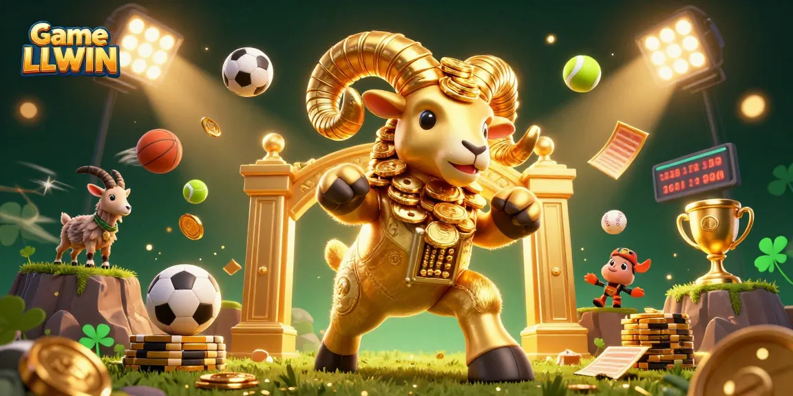 Experience the thrill of Game LLWIN with epic golden ram and dynamic sports elements in a vibrant setting.