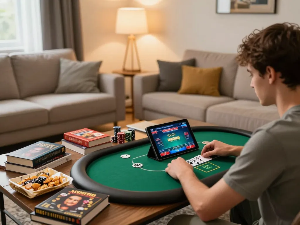 Player engaging in poker gameplay on a tablet for KUWIN online casino, showcasing strategic decisions in a cozy living room.