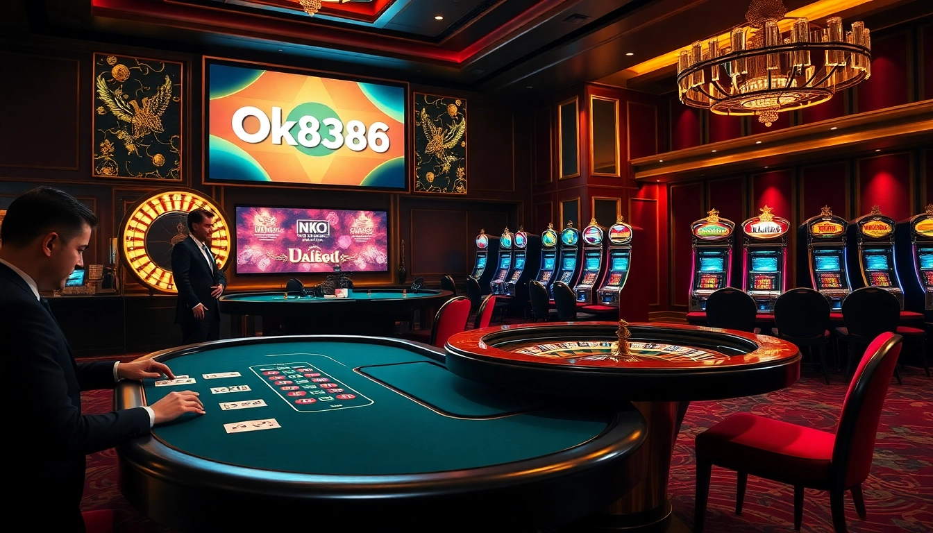 Engaging gambling scene at Nhà cái OK8386 with poker, roulette, and slot machines in action.
