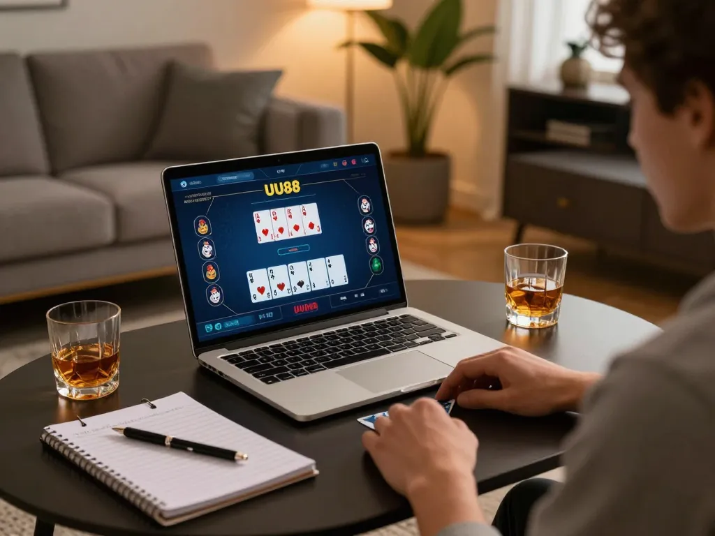 Engaged player using UU88 for an online poker game at home, showcasing strategy notes and an elegant setting.