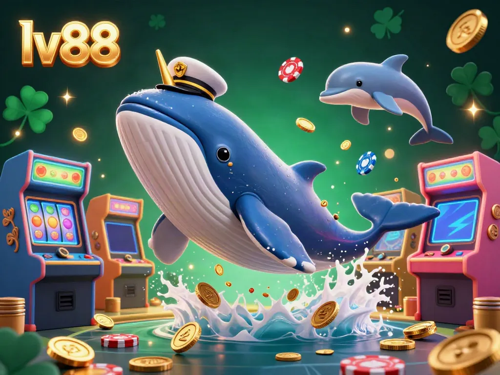 Experience the thrilling world of lv88 casino with a vibrant 3D scene featuring a whimsical whale and playful dolphins.