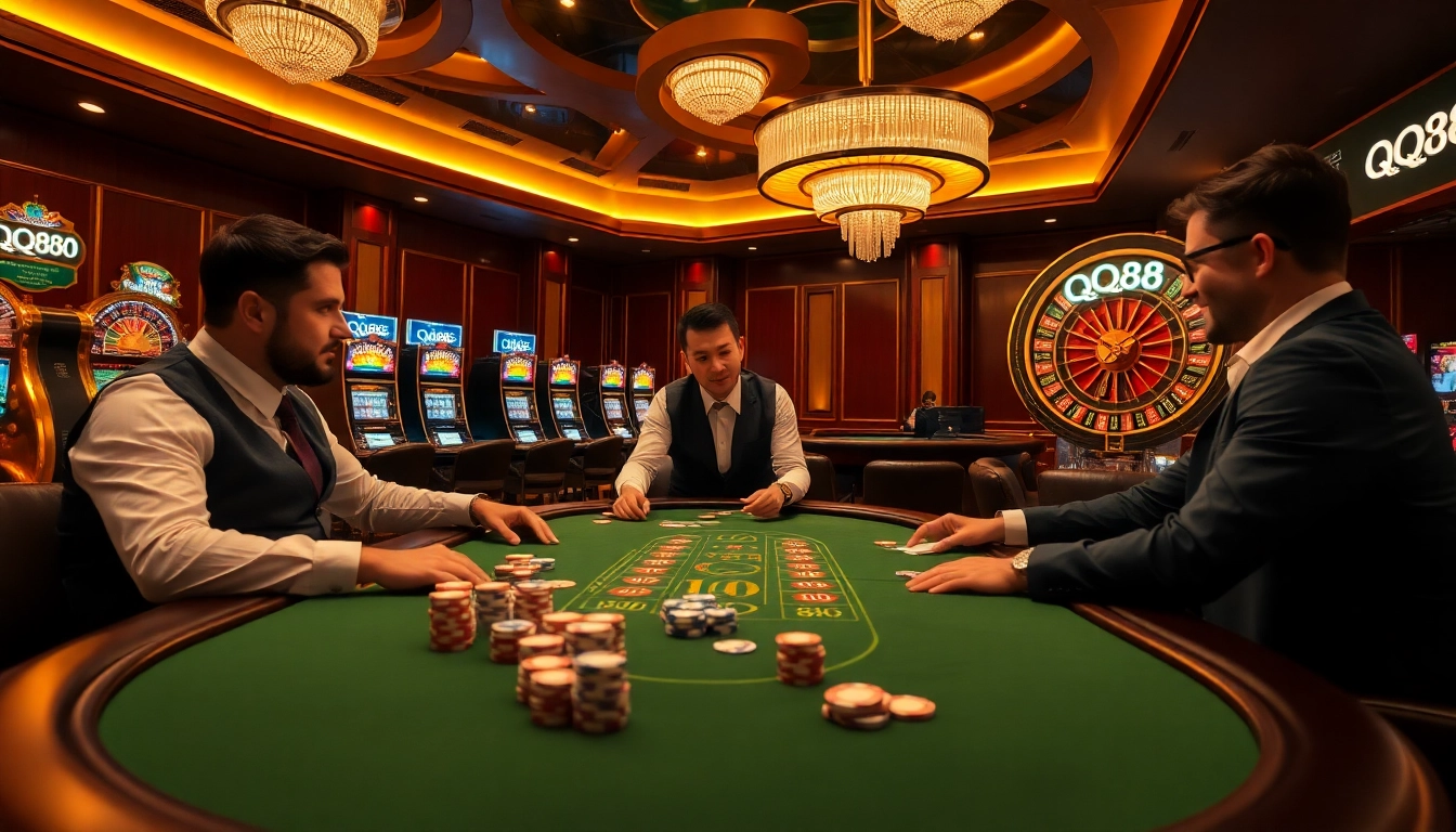 Engaged players enjoying a blackjack game at QQ88 casino, showcasing luxury and excitement.