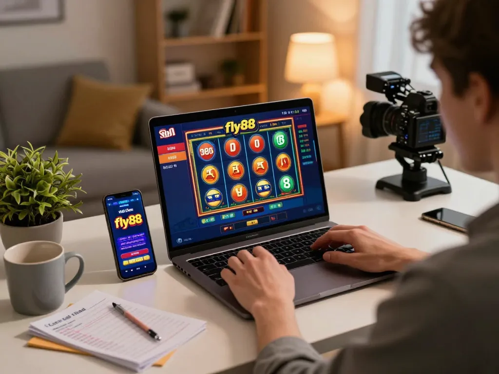 Player engaging with fly88 online gaming interface on a laptop in a cozy home office.