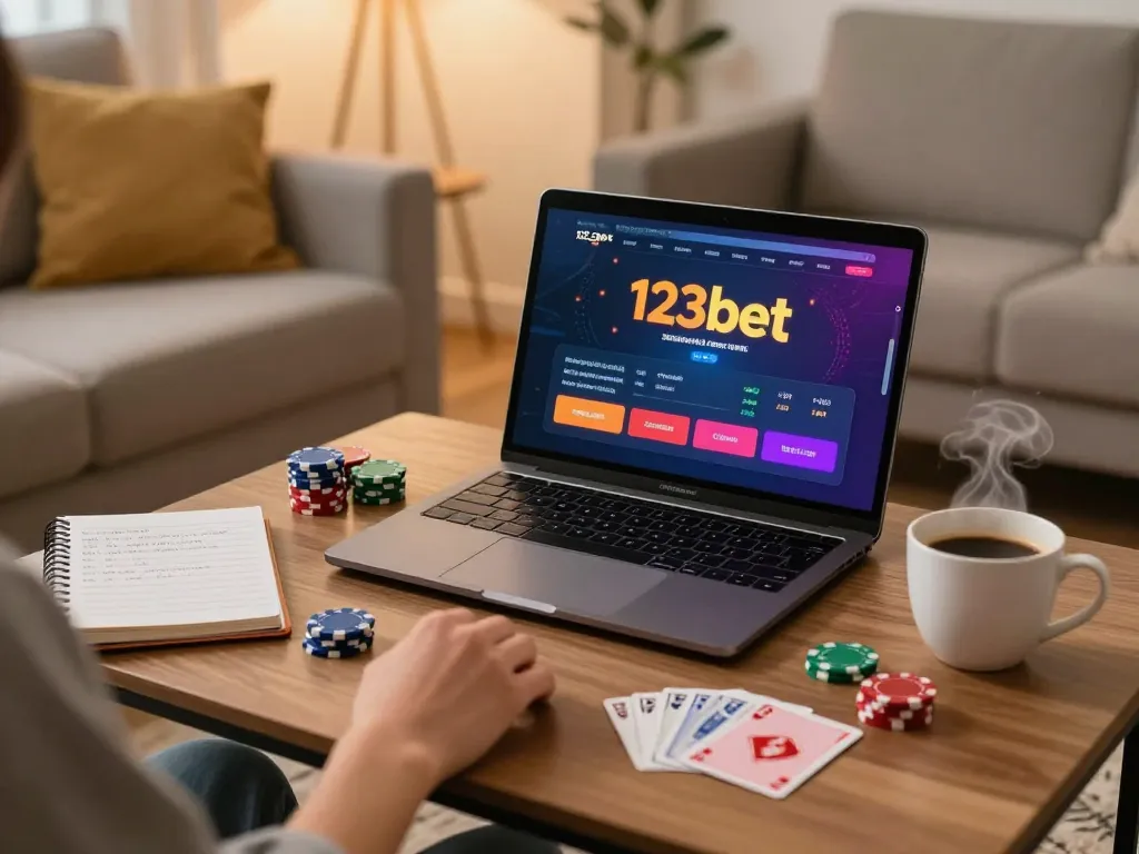 Engaging in strategic gameplay on 123bet from a cozy home gaming setup with laptop and notes.