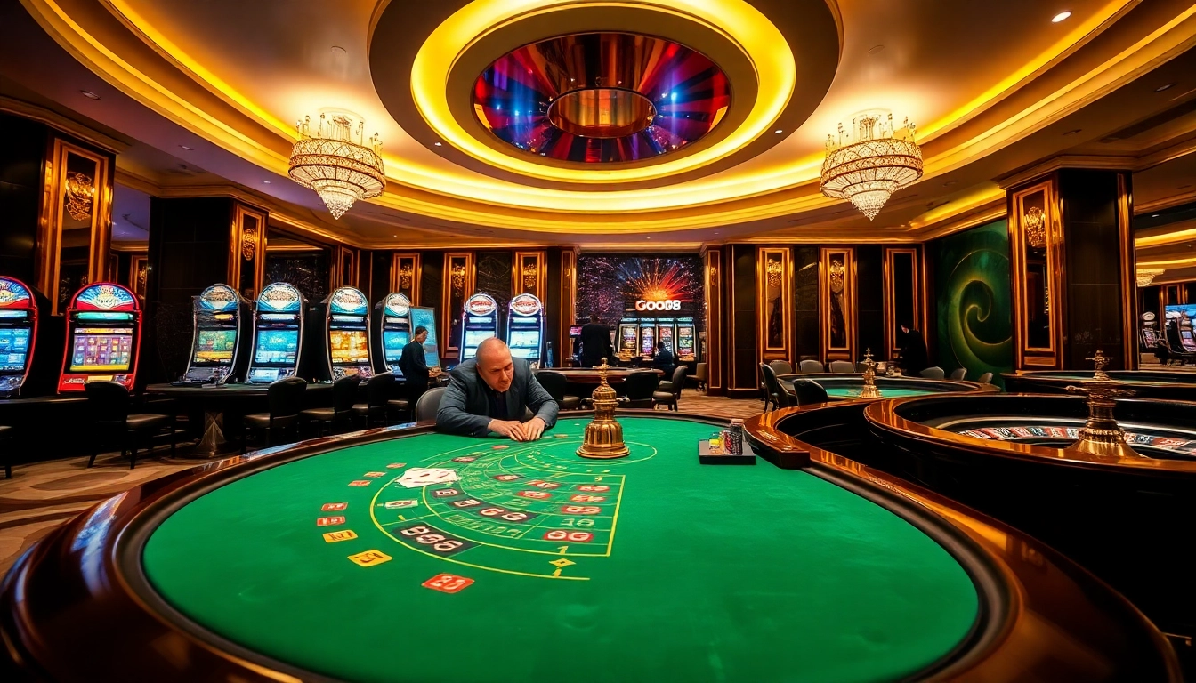 Experience the electrifying atmosphere of GOOD88 with vibrant slot machines and a high-stakes poker game.