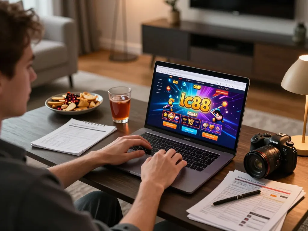 Engaging with lc88 casino platform on laptop in a stylish home setup.