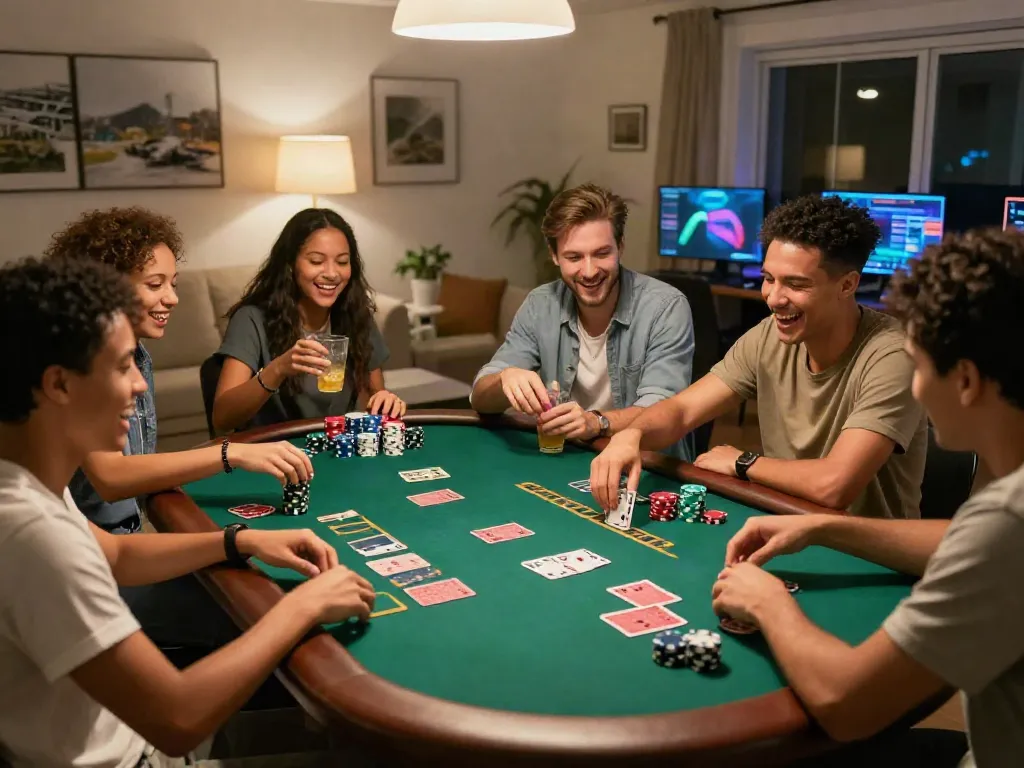 Friends having fun at a non gamstop casino poker night, enjoying games, snacks, and drinks