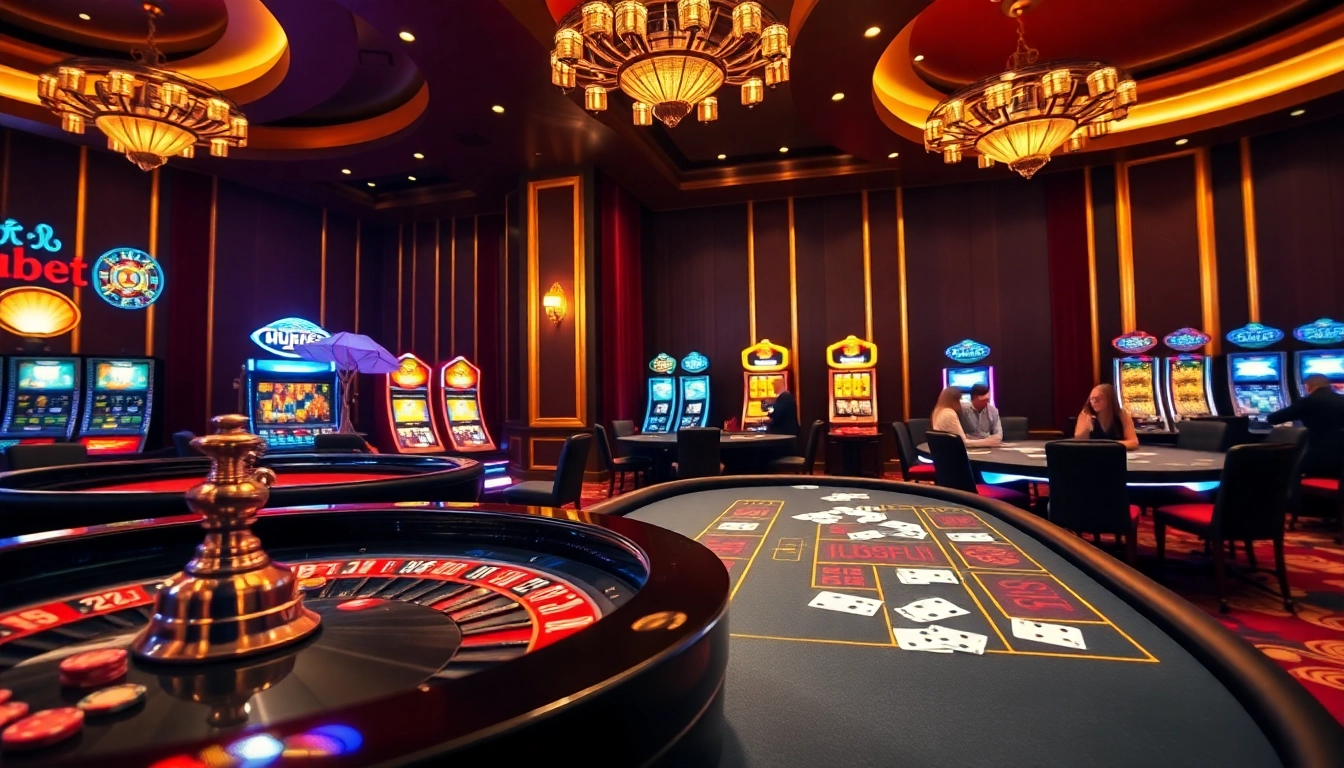 Engaging scene of Hubet casino with lively poker tables, roulette wheel, and excited players.