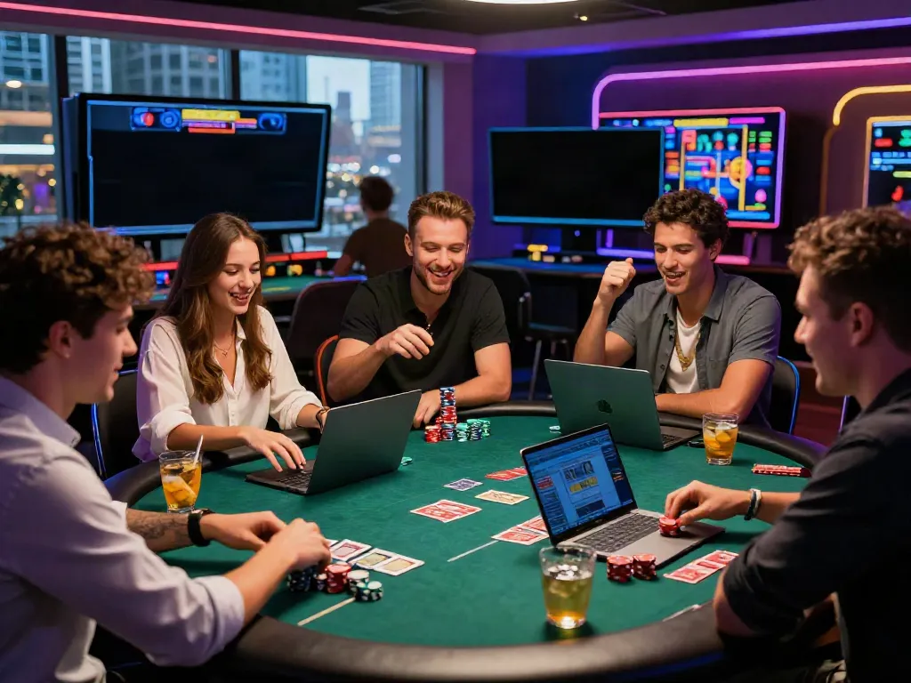 Diverse friends enjoying a non gamstop casino gaming night with excitement and drinks.