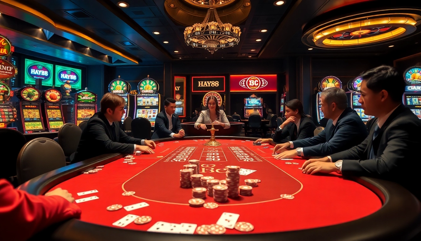 Engaging poker game scene featuring HAY88 casino elements with luxurious decor and vibrant ambiance.
