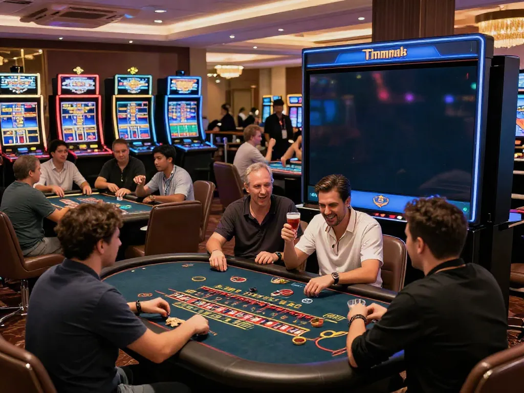 Exciting atmosphere at a non Gamstop casino with diverse players engaging at gaming tables.