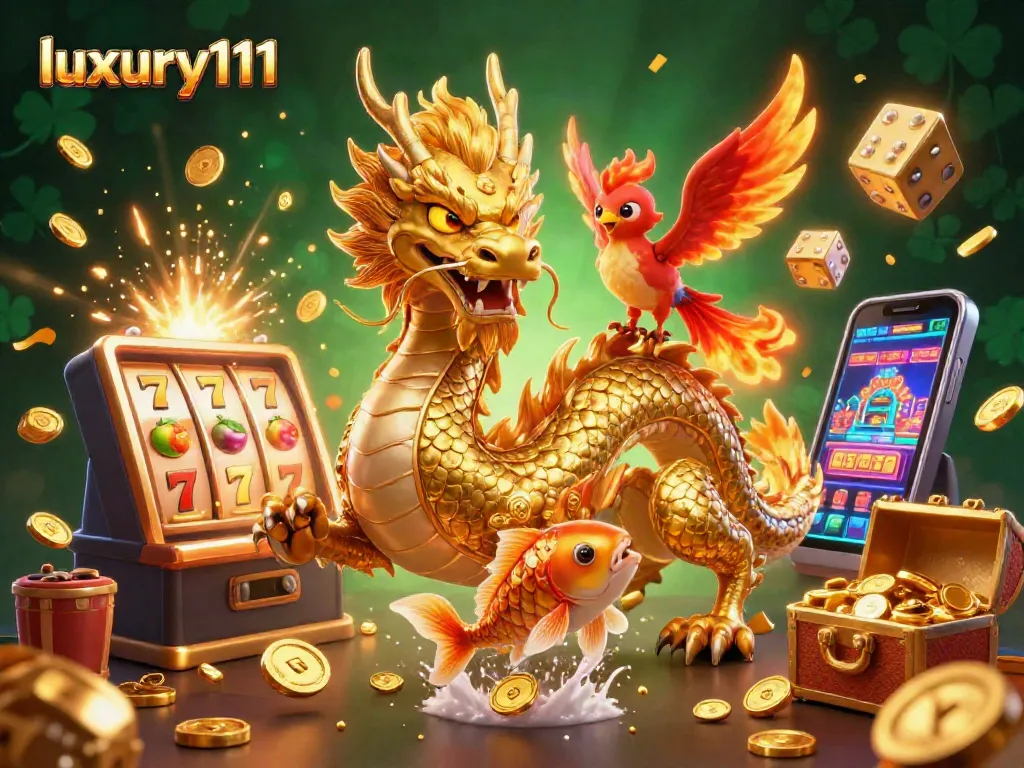 Experience thrilling gameplay at luxury111 as a golden koi leaps over coins amidst vibrant casino symbols.