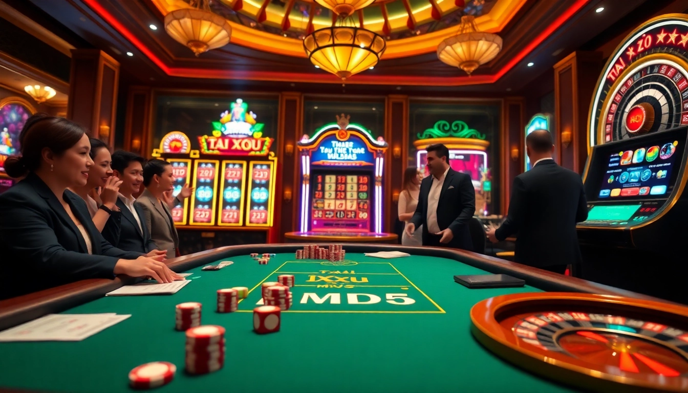 Playing Tài Xỉu MD5 at a luxurious casino table with dice and poker chips.