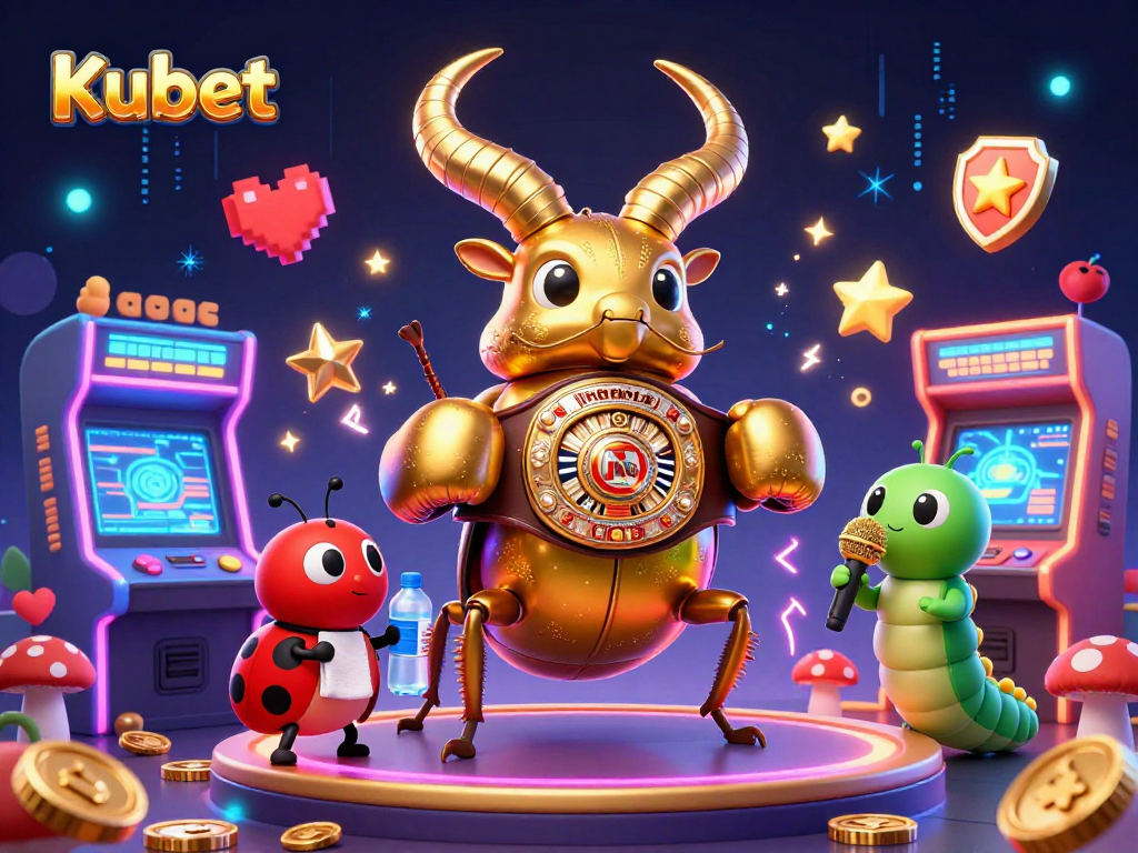Kubet's exciting gaming environment features a golden stag beetle boxing champion illuminated by neon lights.