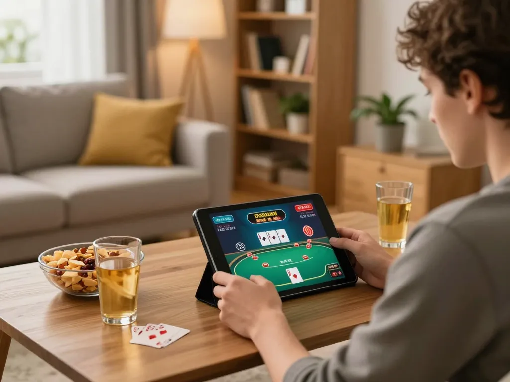 Player enjoying nk88 online casino game on tablet at cozy home setup with snacks.