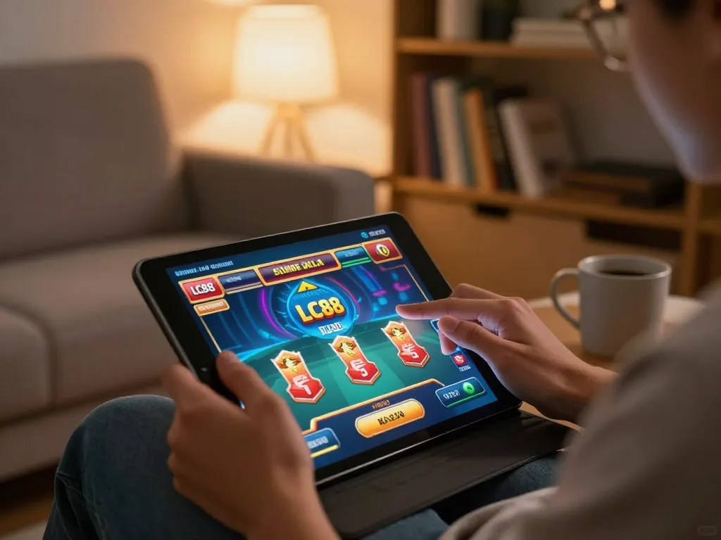 Engaging gameplay on LC88 mobile app in a cozy home setting.
