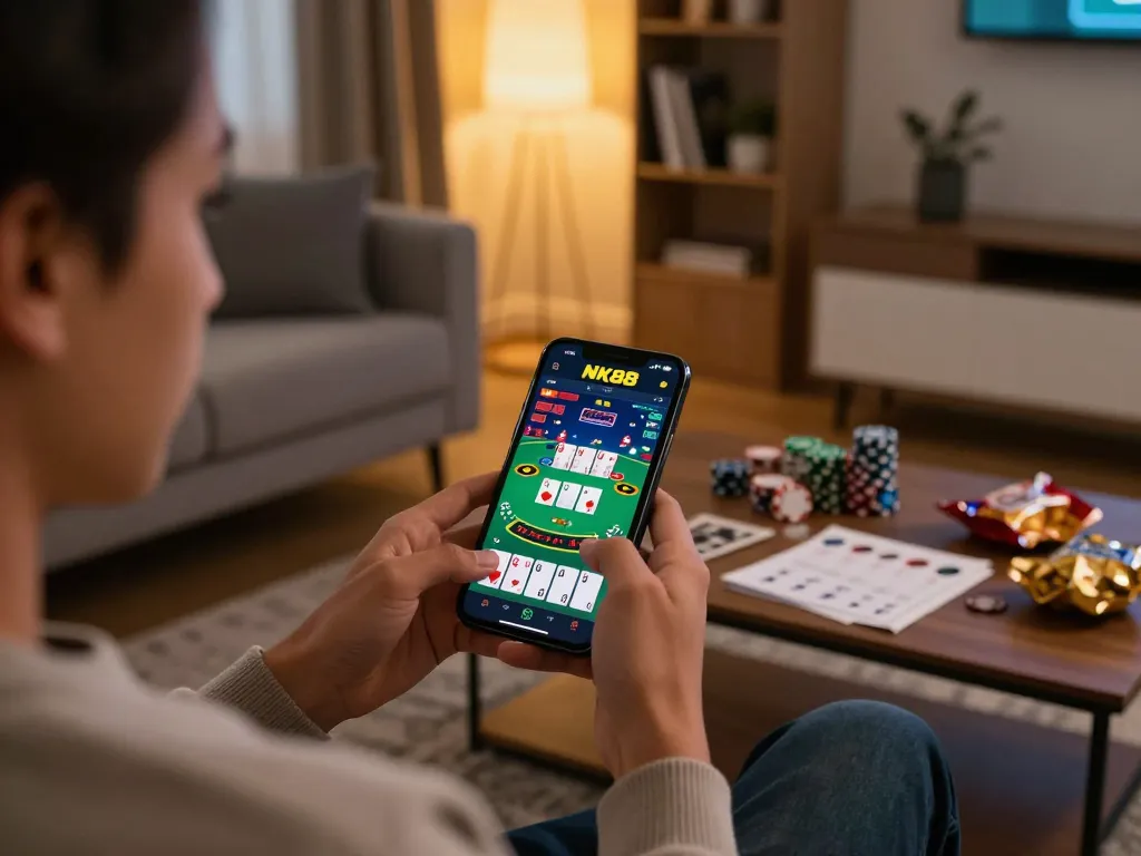 Experience NK88 online gaming with a player enjoying blackjack on a smartphone in a cozy living room