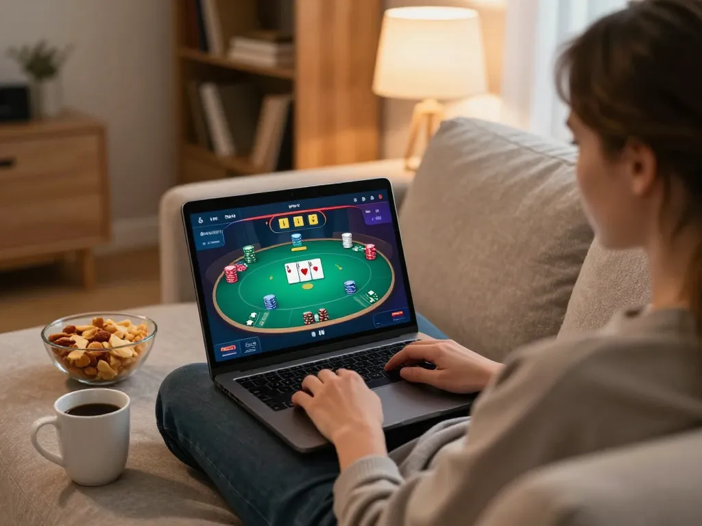 Player engaging in online casino game through nk88 while enjoying a cozy home atmosphere.