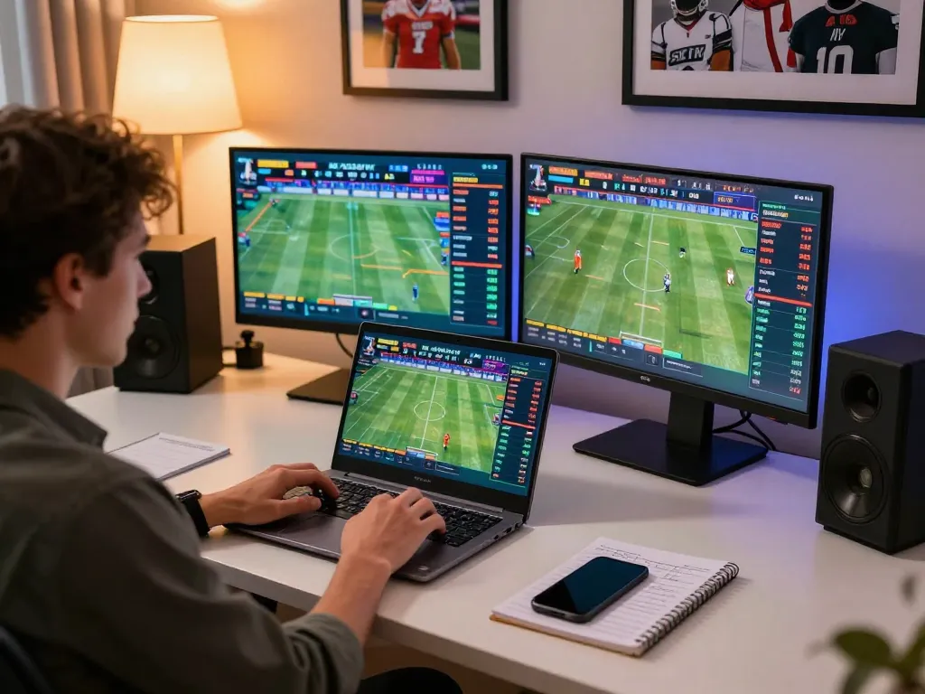 FIVE88 player engaging in online sports betting with multiple screens displaying odds and events