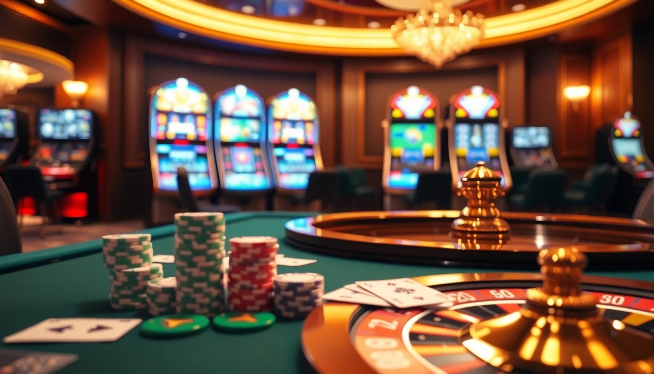 Experience thrilling games at Jun88 with luxurious casino tables and vibrant slot machines.