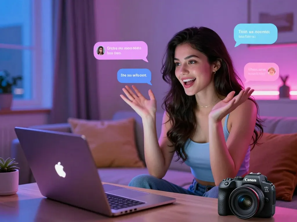 AI sex chat avatar engaging in flirty conversation on laptop in a cozy, vibrant room.