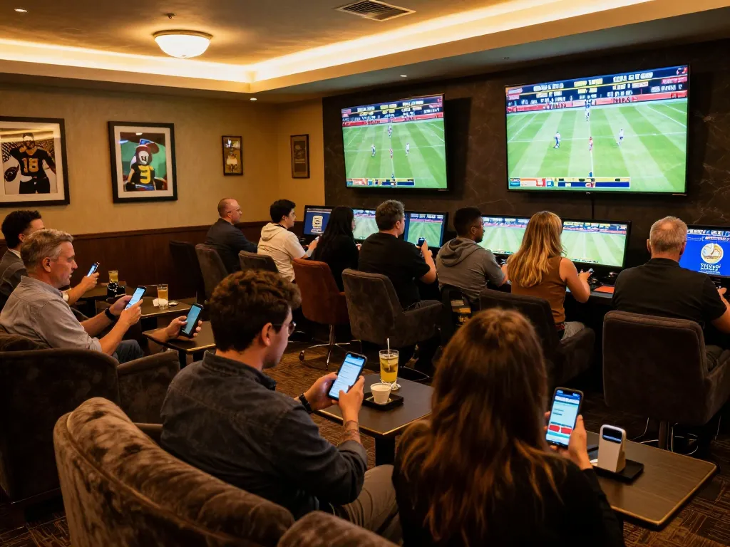 Engaged bettors at the hit club sports betting lounge placing wagers in a lively atmosphere.