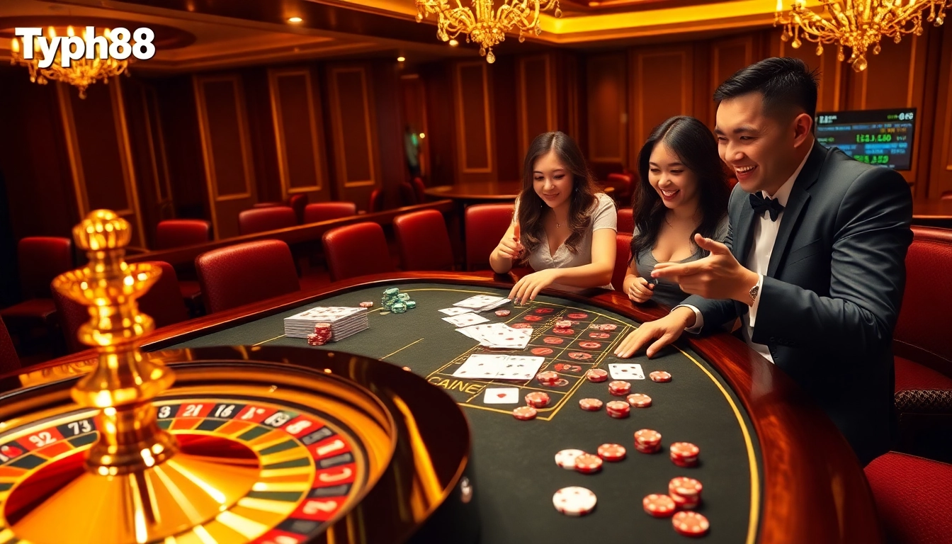 Exciting gambling action at Typhu88 casino showcasing lively players and casino elements.