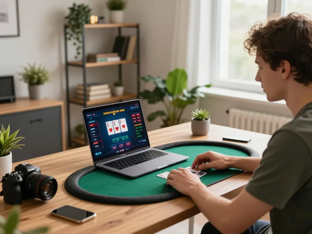 Player engaging with Au88 online poker game from a cozy home office, showcasing a modern and strategic gaming atmosphere.