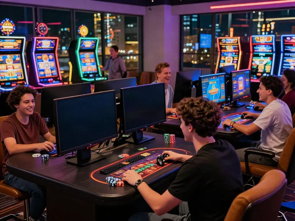 Non GamStop casino players enjoying vibrant gaming experience in modern lounge.