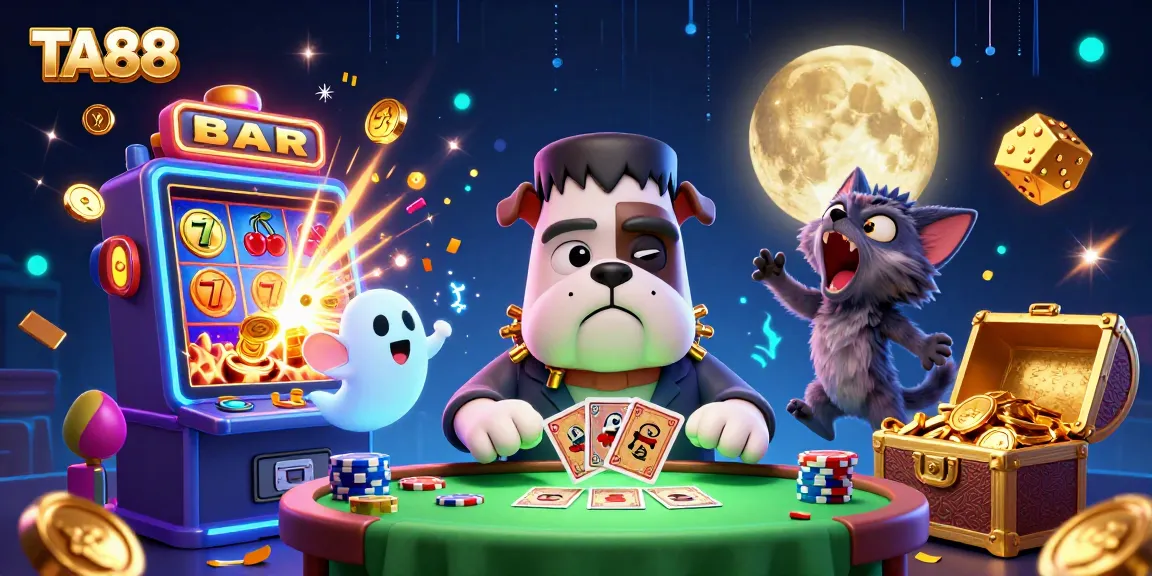 TA88 casino scene with a Frankenstein bulldog, ghost mouse, and golden werewolf kitten amid vibrant slot elements.