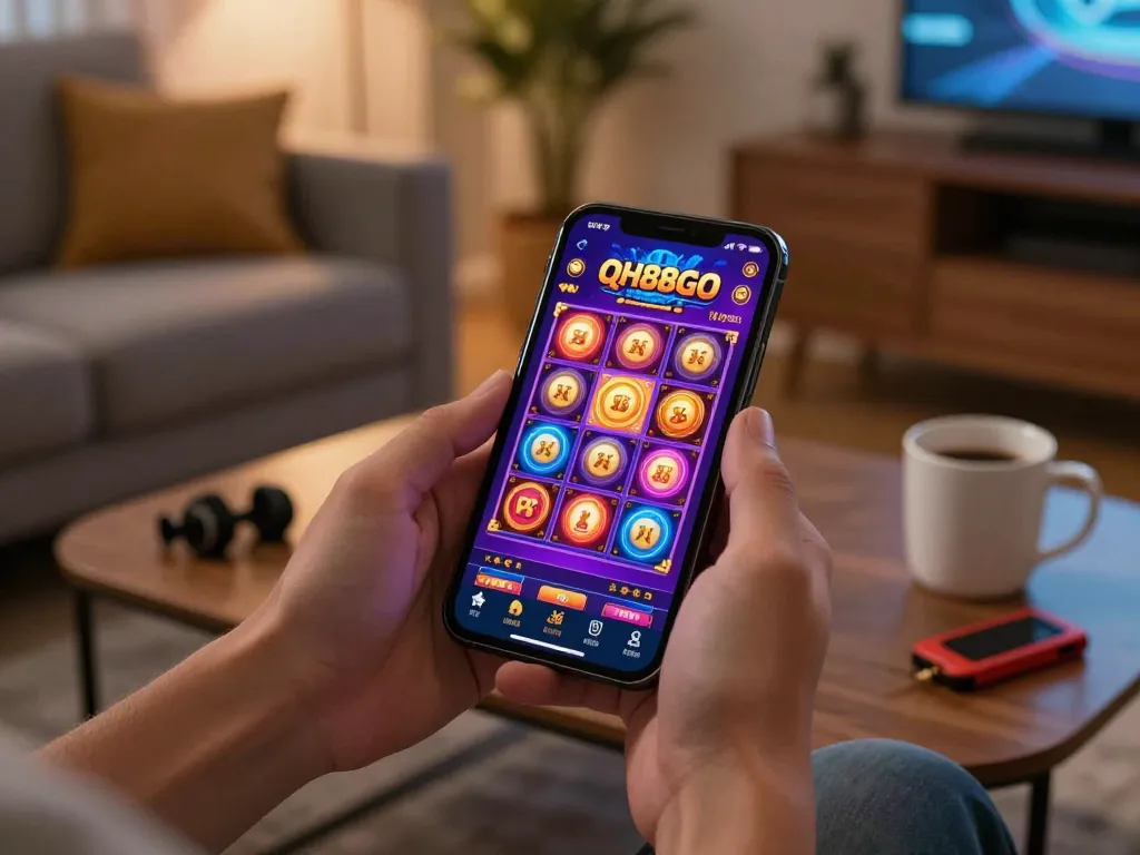 Engaging mobile gaming session on QH88GO app, showcasing exciting slot machine gameplay in a cozy setting.