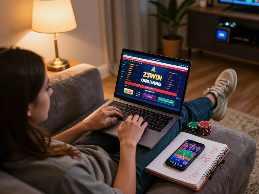 Engaging in online gameplay at 23WIN casino, showing laptop interface and betting strategies.