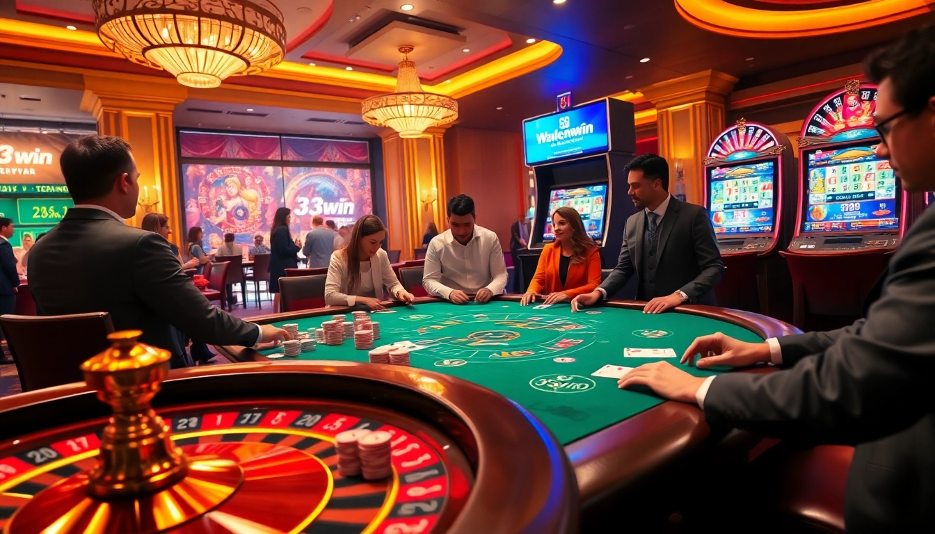 Players enjoying high-stakes games at 33win casino, featuring vibrant tables and luxurious atmosphere.