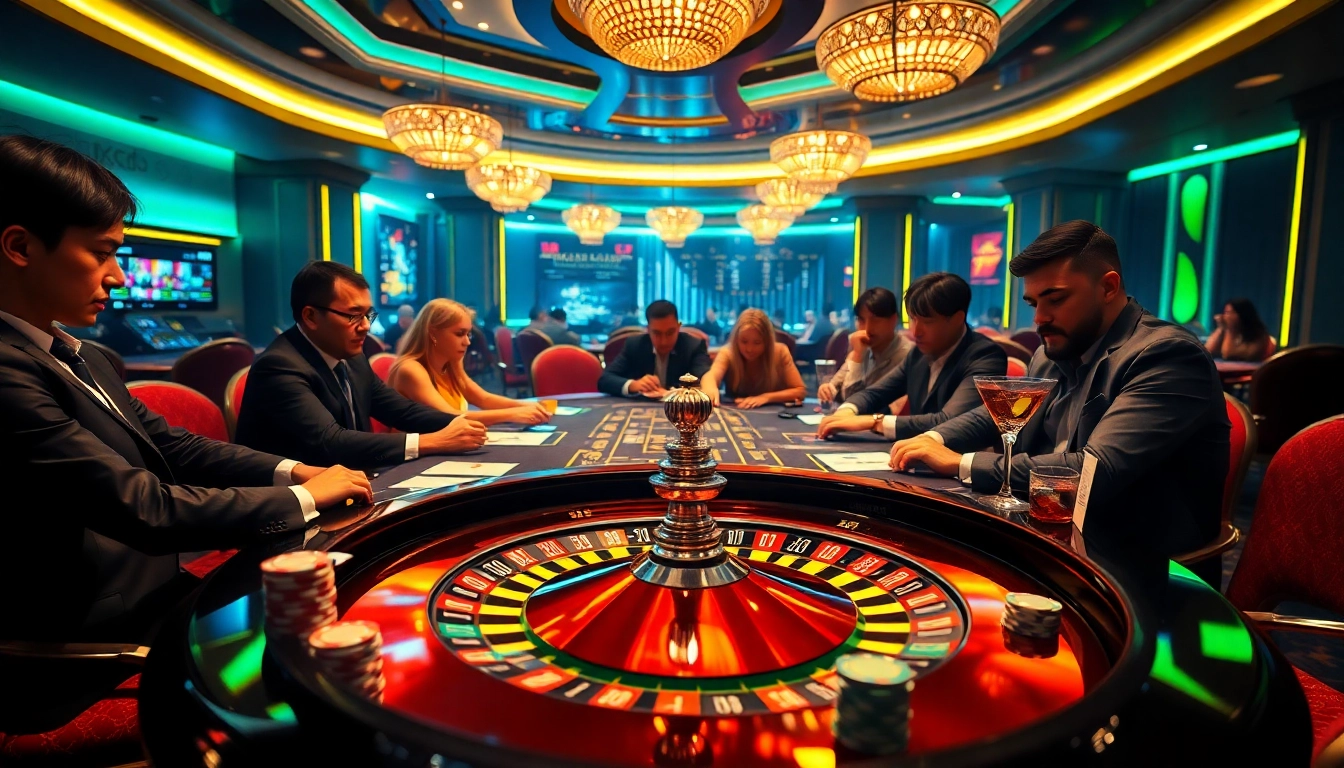 Exciting gameplay at nhà cái LUCK8 casino with roulette wheel and vibrant poker action.