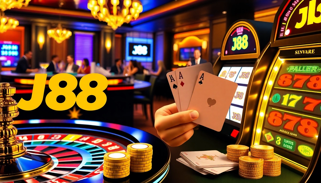 Winning players enjoying J88 casino games at an elegant gambling venue.