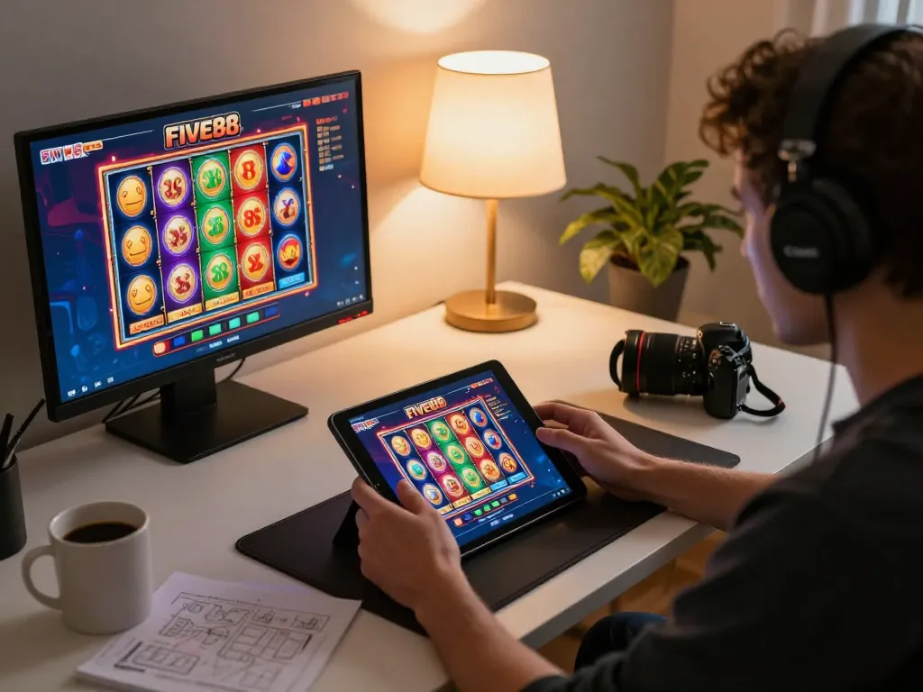 Player engaging with Five88's online slot games on a tablet in a cozy home setting