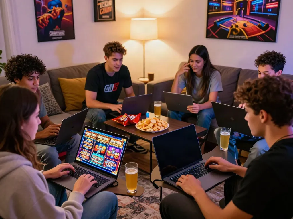 A lively scene of friends enjoying a non GamStop casino gaming session at home, showcasing a relaxed atmosphere.