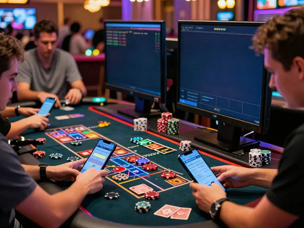 Exciting non GamStop casino gaming scene with players engaged and vibrant LED lights.