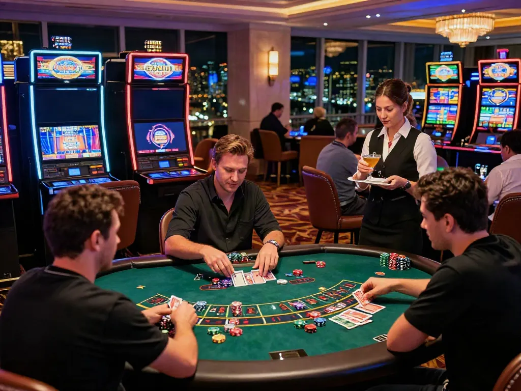 A lively non GamStop casino scene with players at tables and bright slot machines, capturing the excitement of gaming.