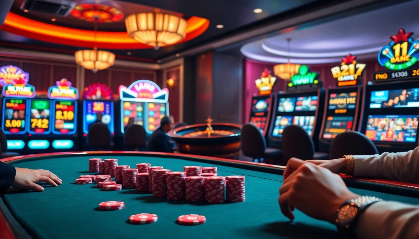 SAOBET casino scene with poker players and vibrant slot machines in an upscale environment.