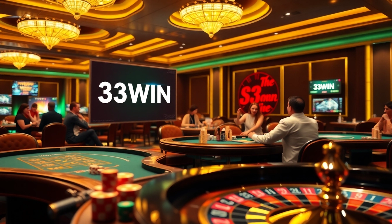 33WIN gambling action with players at casino tables and vibrant interfaces.