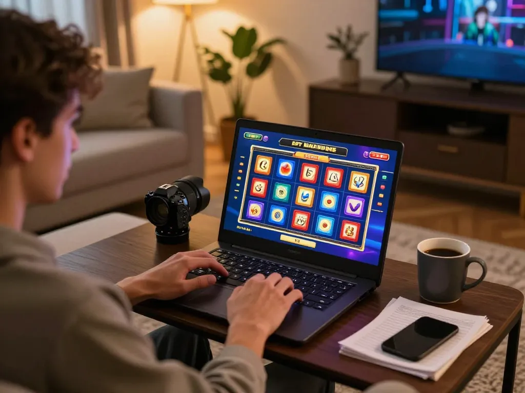 Engaging gameplay on laptop featuring FC88 online slot game, emphasizing colorful graphics and strategic interaction