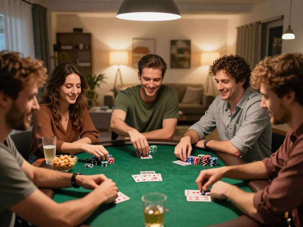 Engaged players compete at a home poker game night with 78win strategies in action.