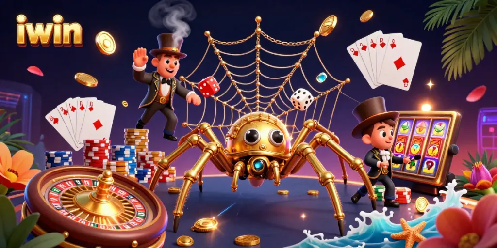 iwin captures the excitement of casino gaming with golden spider and festive elements